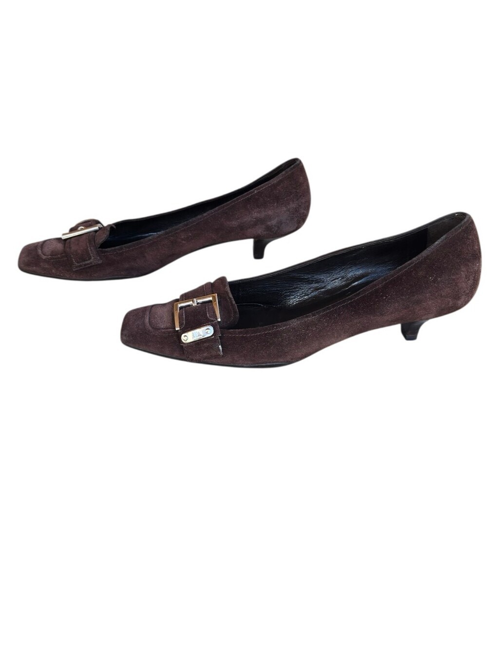 Vintage Prada Brown Suede Square Toe Kitten Heels Buckle Loafer Pumps Y2K Sz 8 - Picture 2 of 14